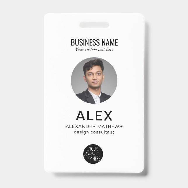 Simple Black White Company Logo Photo ID Barcode Badge (Front)
