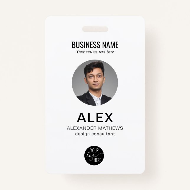 Simple Black White Company Logo Photo ID Barcode Badge (Front)