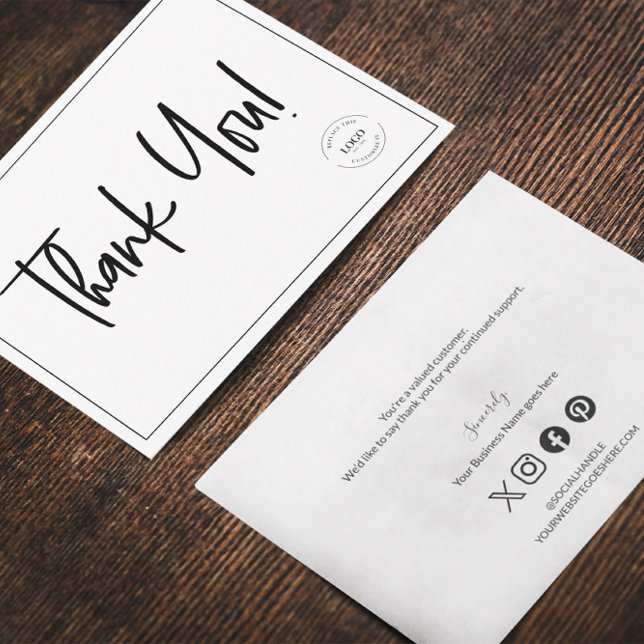 Simple Black White Company Logo Social Thank You  Card (Customizable business logo, social handle, website and message thank you flat card.)