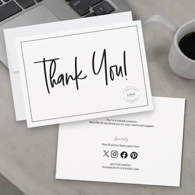 Simple Black White Company Logo Social Thank You  Invitation (Modern handlettering script thank you business message card.)