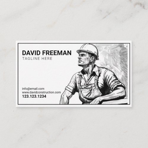 Simple Black  White Construction Worker  Business Card