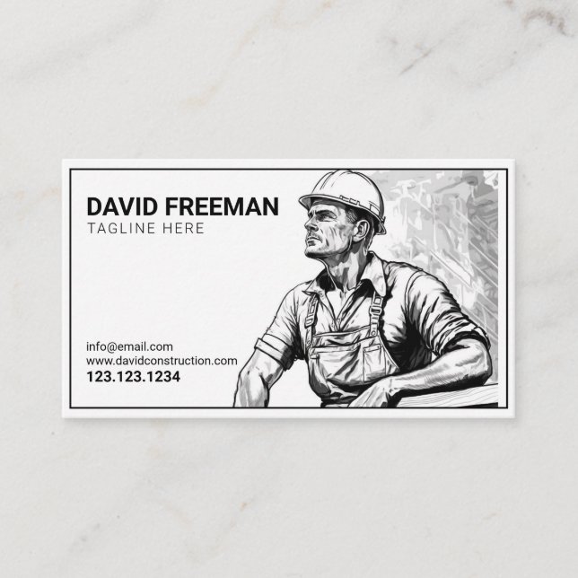 Simple Black & White Construction Worker  Business Card (Front)