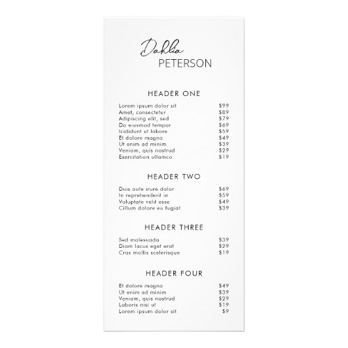 Simple Black White Contemporary Price List Modern Rack Card