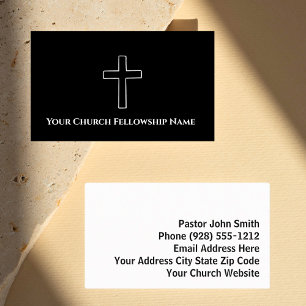 Simple Black White Cross Outline Church Pastor Business Card