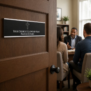 Simple Black White Cross Outline Church Pastor Door Sign