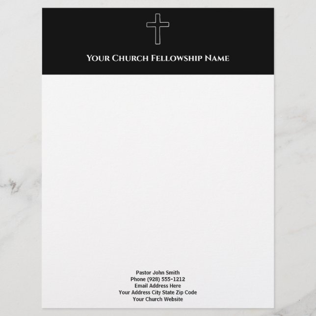 Simple Black White Cross Outline Church Pastor Letterhead (Front)