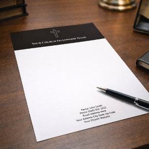 Simple Black White Cross Outline Church Pastor Letterhead