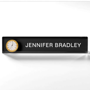 Simple Black White Custom Name with Clock Desk Name Plate