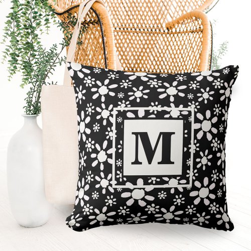 Simple Black White Daisy Flower Pattern Monogram Throw Pillow