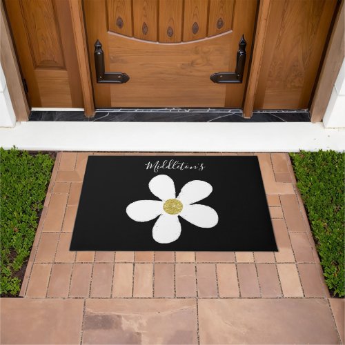 Simple Black White Daisy Gold Family Personal Doormat