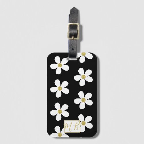 Simple Black White Daisy Gold Monogram Travel Luggage Tag