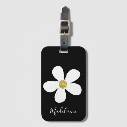 Simple Black White Daisy Gold Personal Travel Luggage Tag