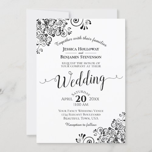 Simple Black  White Decorative Corners Wedding Invitation