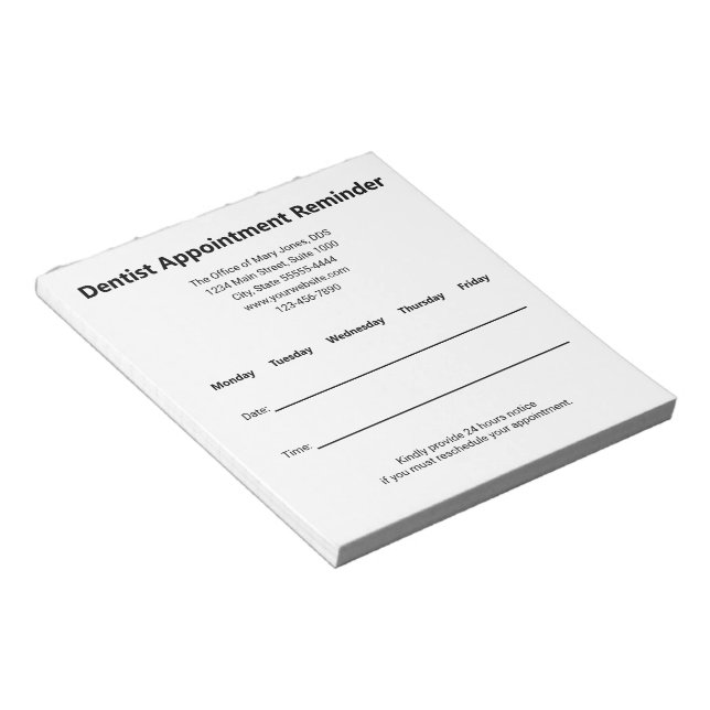 Simple Black & White Dentist Appointment Reminder Notepad (Angled)
