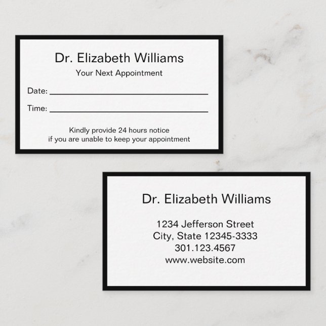 Simple Black White Doctors Office Appointment Card (Front/Back)