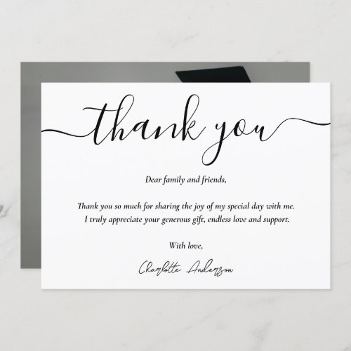 Simple Black White Elegant Script Photo Graduation Thank You Card