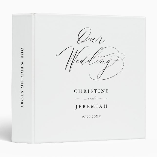Simple Black White Elegant Script Wedding Album 3 Ring Binder (Front/Spine)
