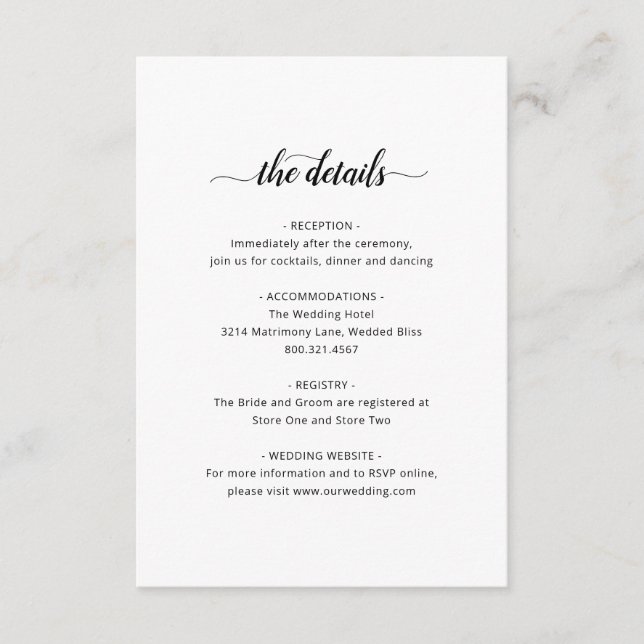 Simple Black White Elegant Script Wedding Details Enclosure Card (Front)