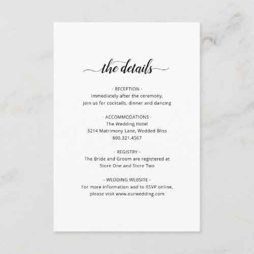Simple Black White Elegant Script Wedding Details Enclosure Card