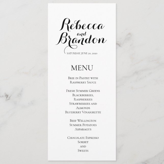 Simple Black White Elegant Script Wedding Menu (Front)