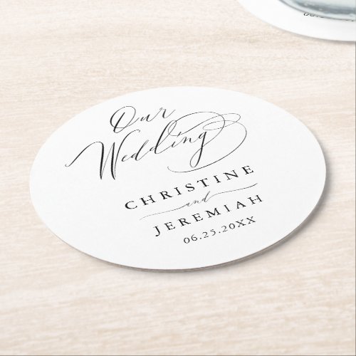 Simple Black White Elegant Script Wedding Round Paper Coaster
