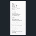 Simple Black & White Elegant Wedding Dinner Food Menu<br><div class="desc">Let your food speak for itself with this elegant black and white wedding dinner menu card. This minimalist design features clean lines and a classic font, putting the focus on your culinary selections. The black and white color scheme ensures it will complement any table setting, making it a versatile choice...</div>