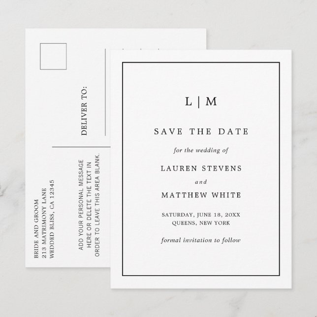 Simple Black White Elegant Wedding Save the Date Announcement Postcard (Front/Back)
