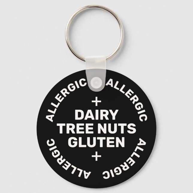 Simple Black White Emergency Contact Food Allergy  Keychain (Front)