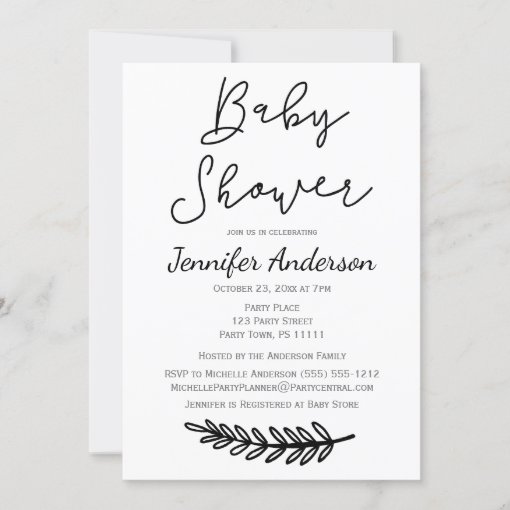 Simple Black White Floral Botanical Baby Shower Invitation | Zazzle