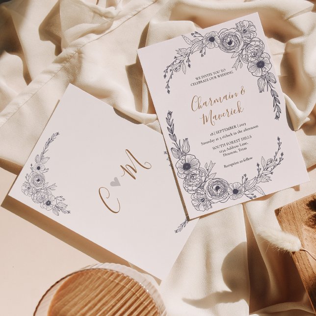 Simple Black & White Floral Monogram heart Wedding Invitation (Creator Uploaded)