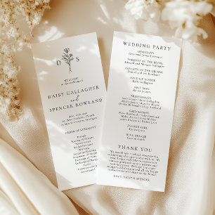 Simple Black & White Floral Monogram Tall Wedding Program
