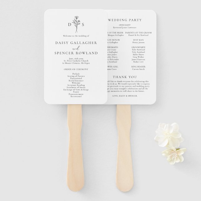 Simple Black & White Floral Monogram Wedding Hand Fan (Front and Back)