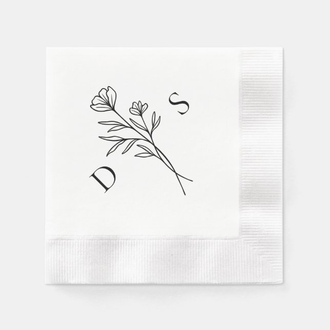 Simple Black & White Floral Monogram Wedding  Napkins (Front)