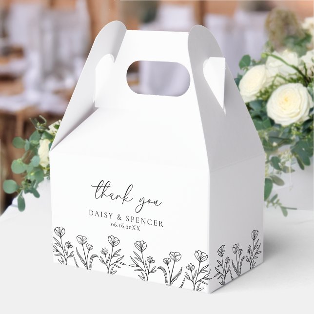Simple Black & White Floral Outline Wedding Gable Favor Boxes (Creator Uploaded)