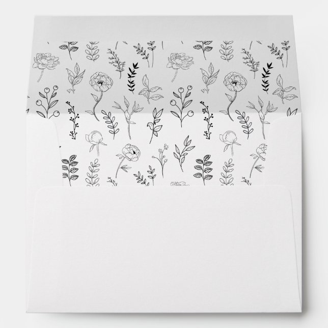 Simple black white floral wedding card Envelope  (Back (Bottom))