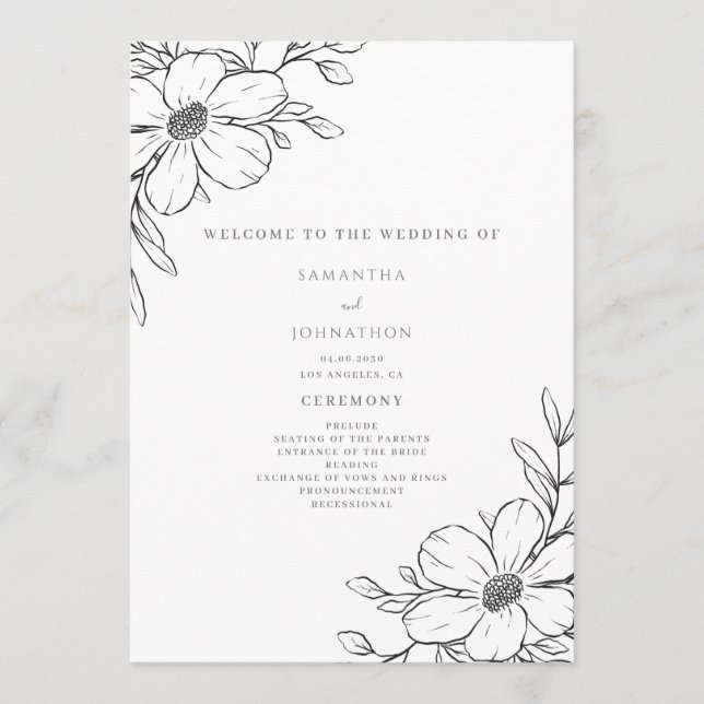 Simple Black White Floral Wedding  Program (Front)