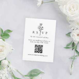 Simple Black & White Floral Wedding QR RSVP Enclosure Card