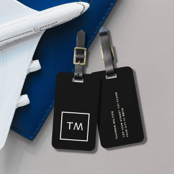Simple Black White Frame Bold Monogram Luggage Tag by Weaselgift at Zazzle