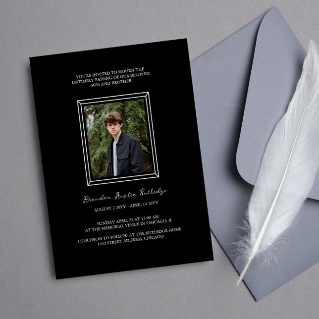 Simple  Black White Frame Photo Memorial Service Invitation (Creator Uploaded)