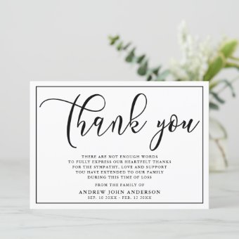 Simple Black & White Funeral Thank You Card | Zazzle