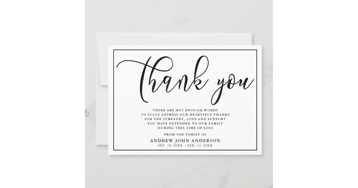 Simple Black & White Funeral Thank You Card | Zazzle