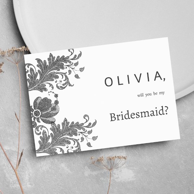 Simple black white glitter floral lace Bridesmaid Invitation (Simple black white glitter floral lace Bridesmaid )