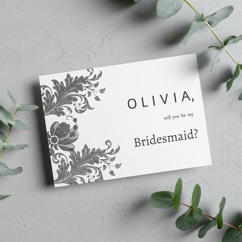 Simple black white glitter floral lace Bridesmaid Invitation