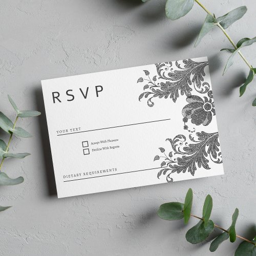 Simple black white glitter floral lace RSVP Invitation