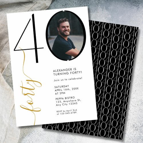Simple Black White Gold 40th Birthday Photo Invitation