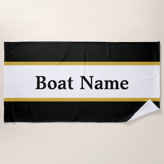 Simple Black White & Gold Boat Name Text Template Beach Towel (Front)