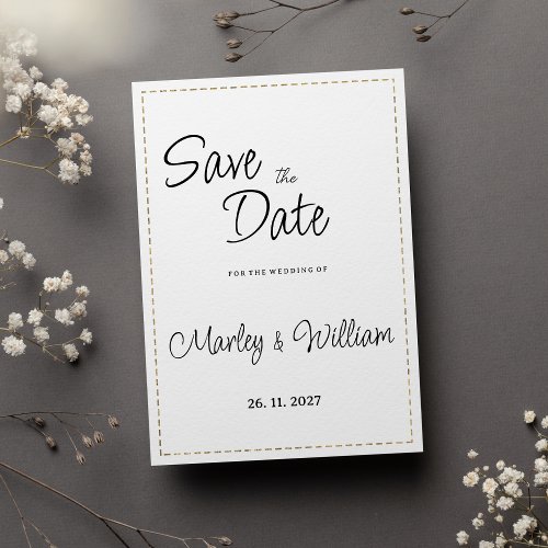 Simple black white gold dashed line Save the Date  Invitation