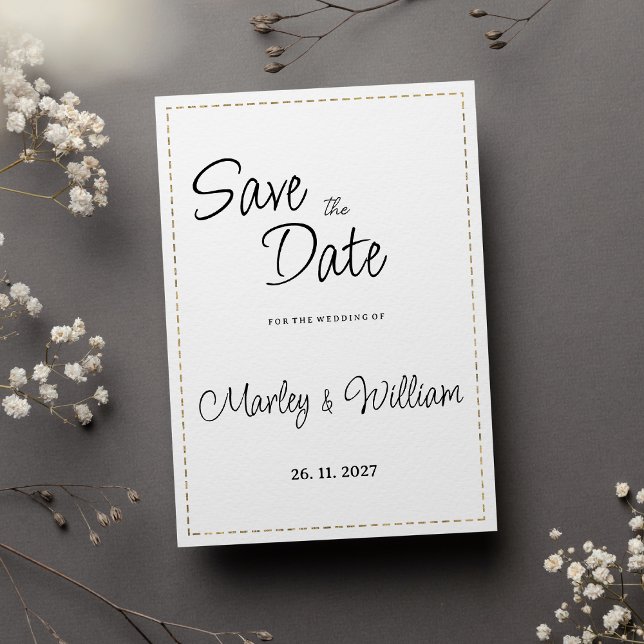 Simple black white gold dashed line Save the Date  Invitation (Simple black white gold dashed line Save the Date )