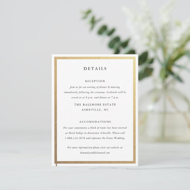 Simple Black & White Gold Elegant Wedding Details Enclosure Card (Standing Front)