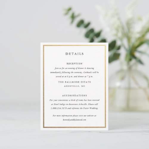 Simple Black  White Gold Elegant Wedding Details Enclosure Card